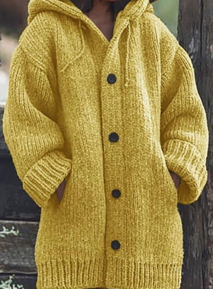 Women's Chunky Knit Hooded Oversized Button-Up Jumper Cardigan - Yellow