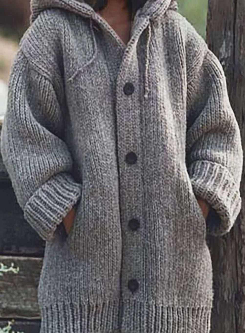 Women's Chunky Knit Hooded Oversized Button-Up Jumper Cardigan - Grey