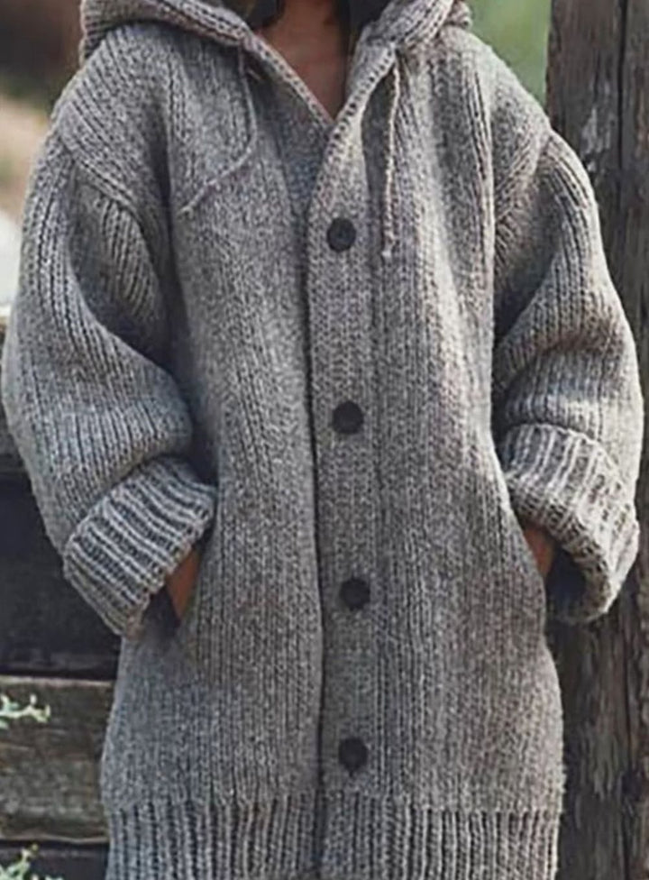Women's Chunky Knit Hooded Oversized Button-Up Jumper Cardigan - Grey