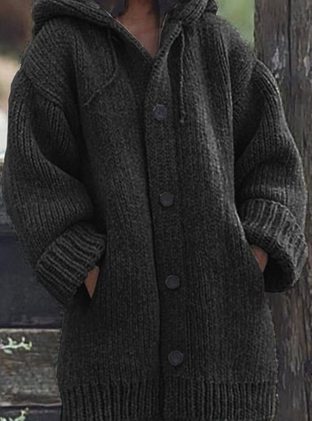 Women's Chunky Knit Hooded Oversized Button-Up Jumper Cardigan - Black