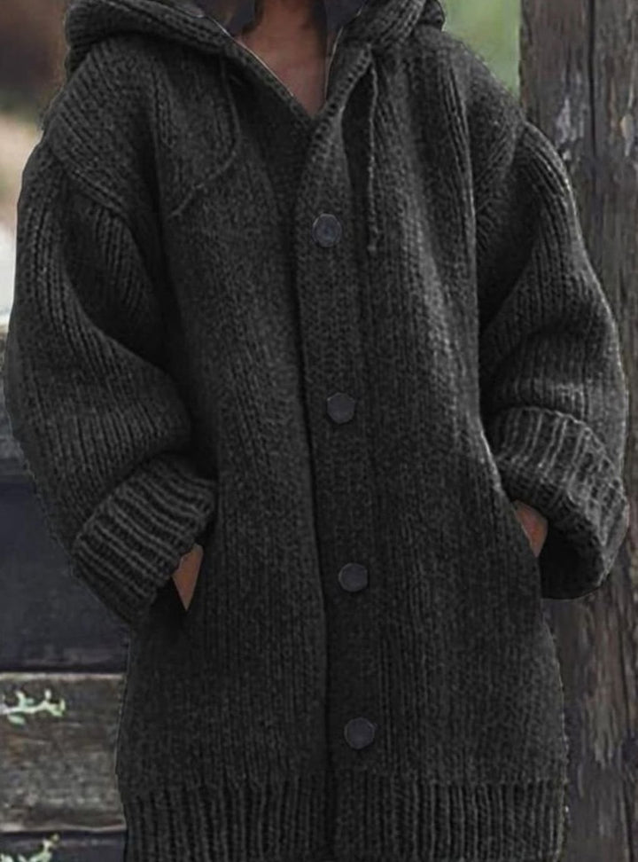 Women's Chunky Knit Hooded Oversized Button-Up Jumper Cardigan - Black