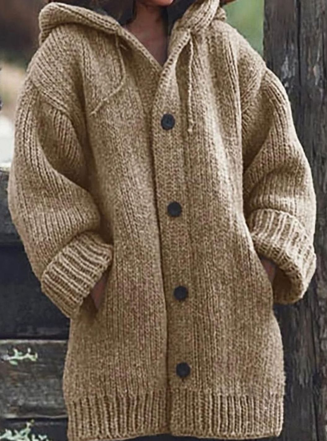 Women's Chunky Knit Hooded Oversized Button-Up Jumper Cardigan - Khaki