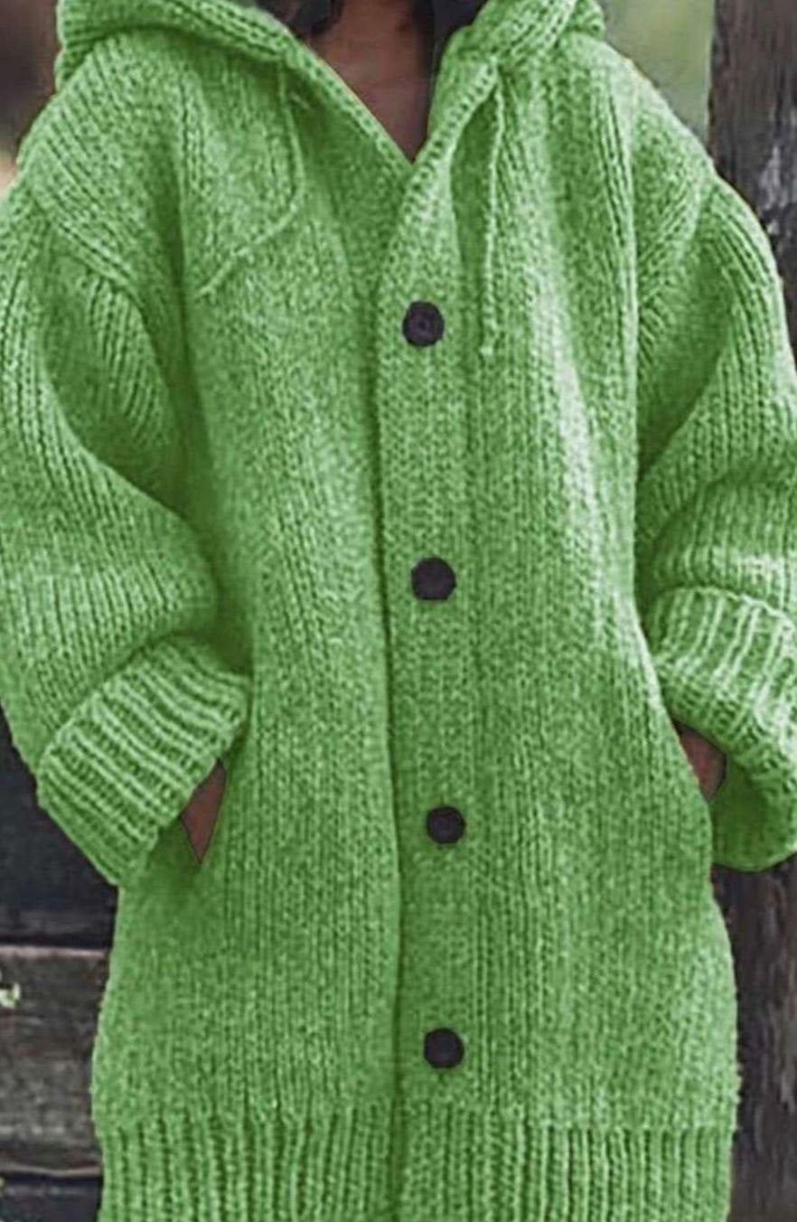 Women's Chunky Knit Hooded Oversized Button-Up Jumper Cardigan - Green