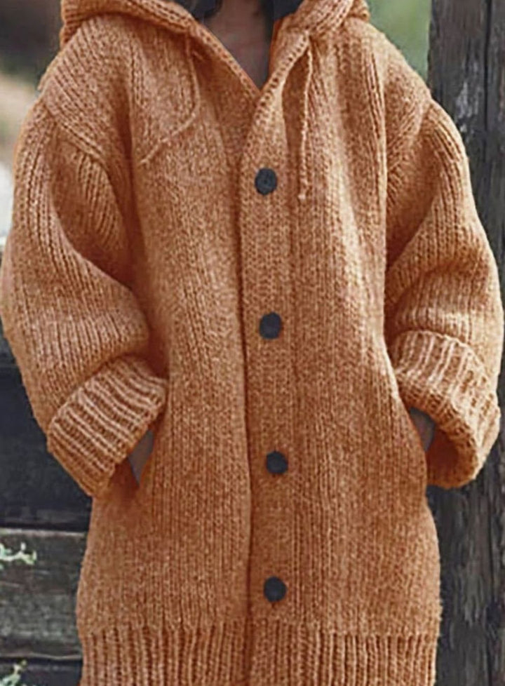 Women's Chunky Knit Hooded Oversized Button-Up Jumper Cardigan - Orange