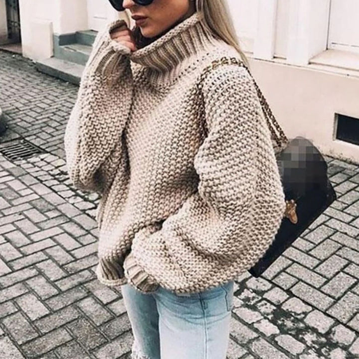 Women's Chunky Knit Oversized Turtleneck Sweater Relaxed Fit - Khaki