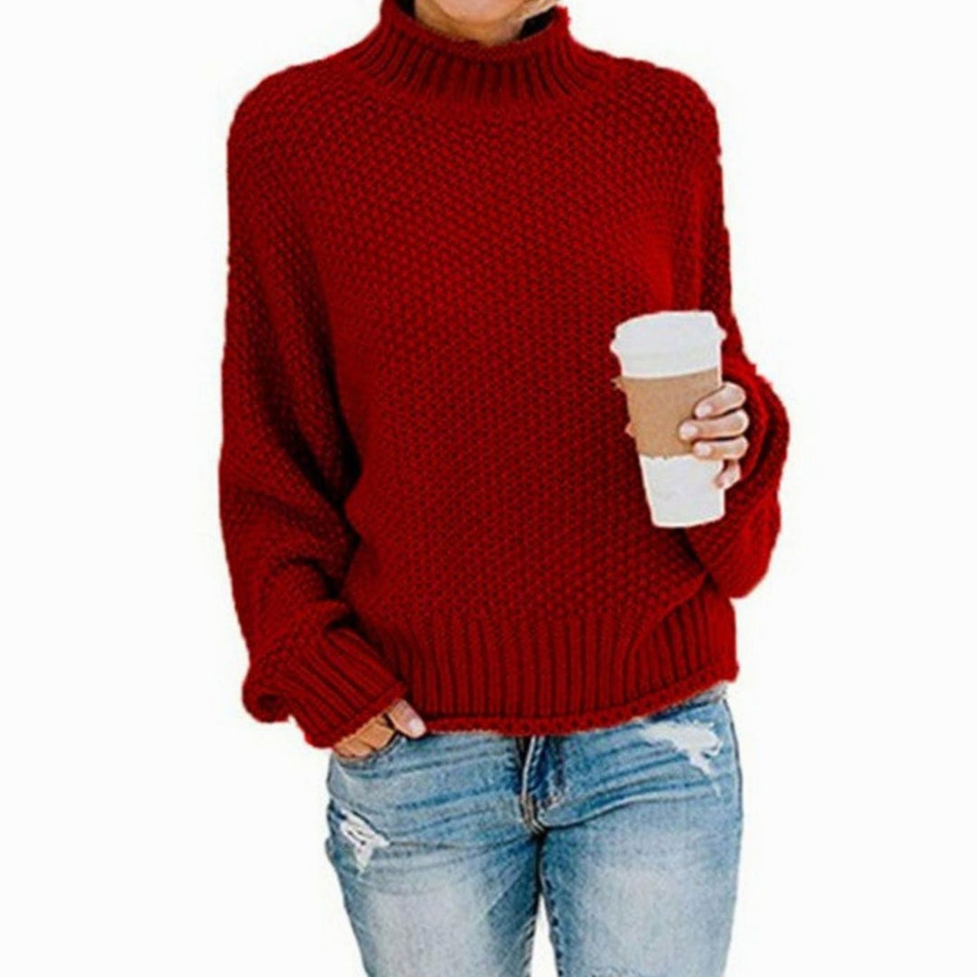 Women's Chunky Knit Oversized Turtleneck Sweater Relaxed Fit - Red