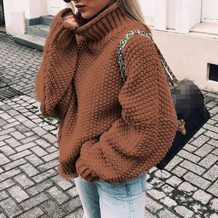 Women's Chunky Knit Oversized Turtleneck Sweater Relaxed Fit - Brown