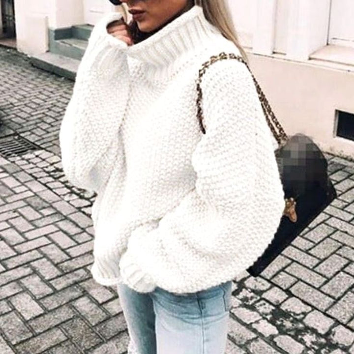 Women's Chunky Knit Oversized Turtleneck Sweater Relaxed Fit - White
