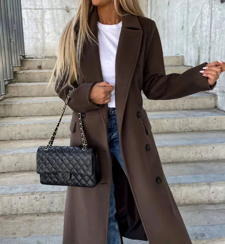 Women's Classic Double-Breasted Long Trench Coat - Dark Brown