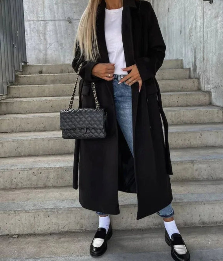 Women's Classic Double-Breasted Long Trench Coat - Black