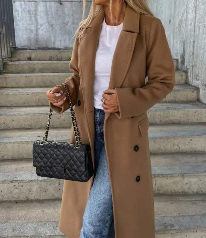 Women's Classic Double-Breasted Long Trench Coat - Light Brown