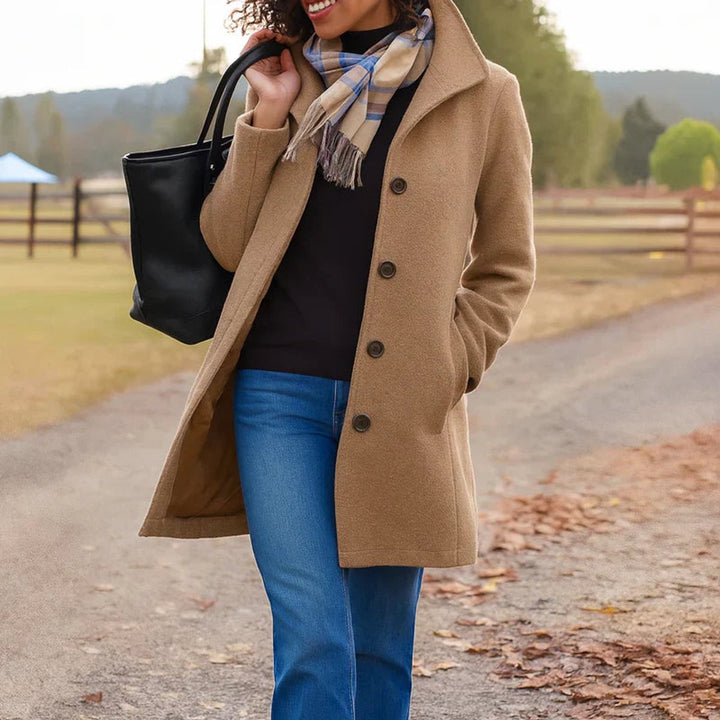 Women's Classic Mid-Length Button-Up Coat - Khaki
