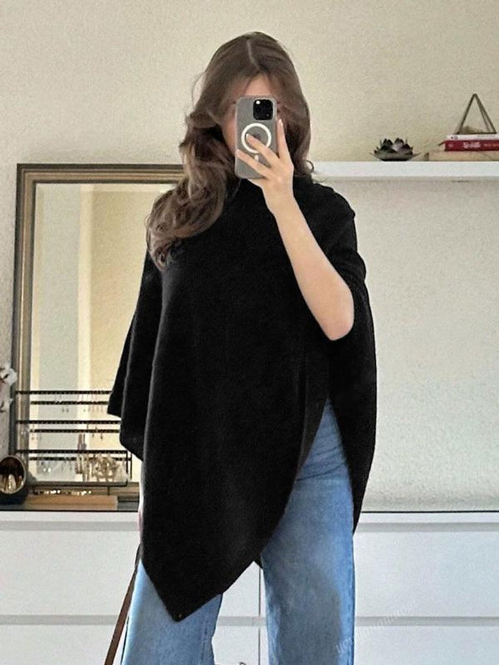 Women's Coat Cape Asymmetric Hem Draped Knit Poncho - Black
