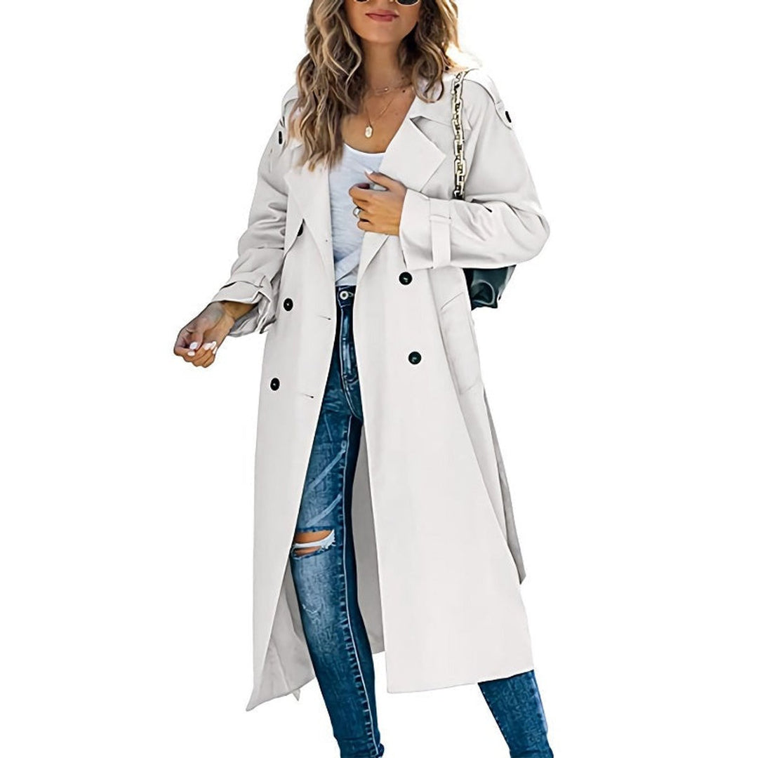 Women's Coat Long Double-Breasted Belted Trench Coat - White