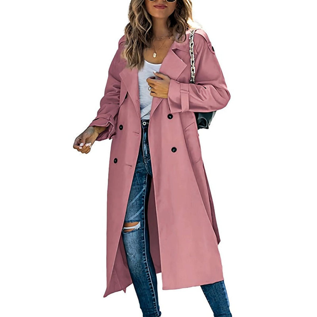 Women's Coat Long Double-Breasted Belted Trench Coat - Pink
