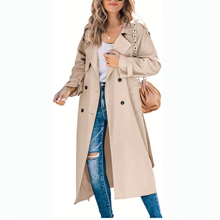 Women's Coat Long Double-Breasted Belted Trench Coat - Khaki