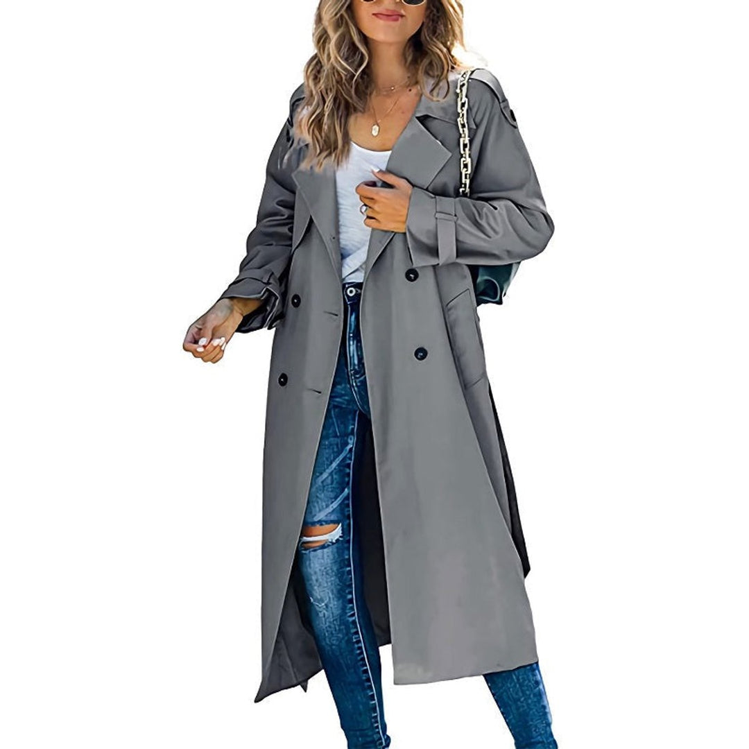 Women's Coat Long Double-Breasted Belted Trench Coat - Grey