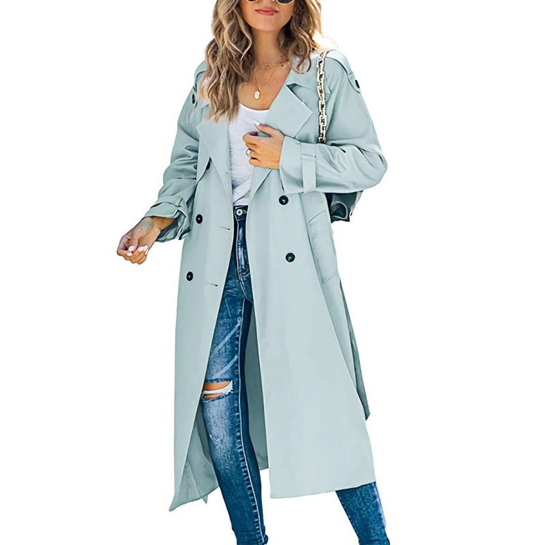 Women's Coat Long Double-Breasted Belted Trench Coat - Light Blue