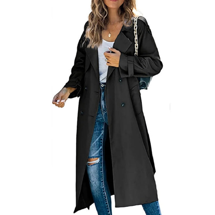 Women's Coat Long Double-Breasted Belted Trench Coat - Black