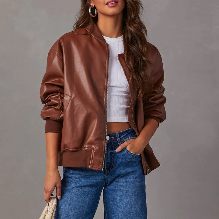 Women's Coat Relaxed Bomber Faux Leather Zip-Up Jacket - Brown