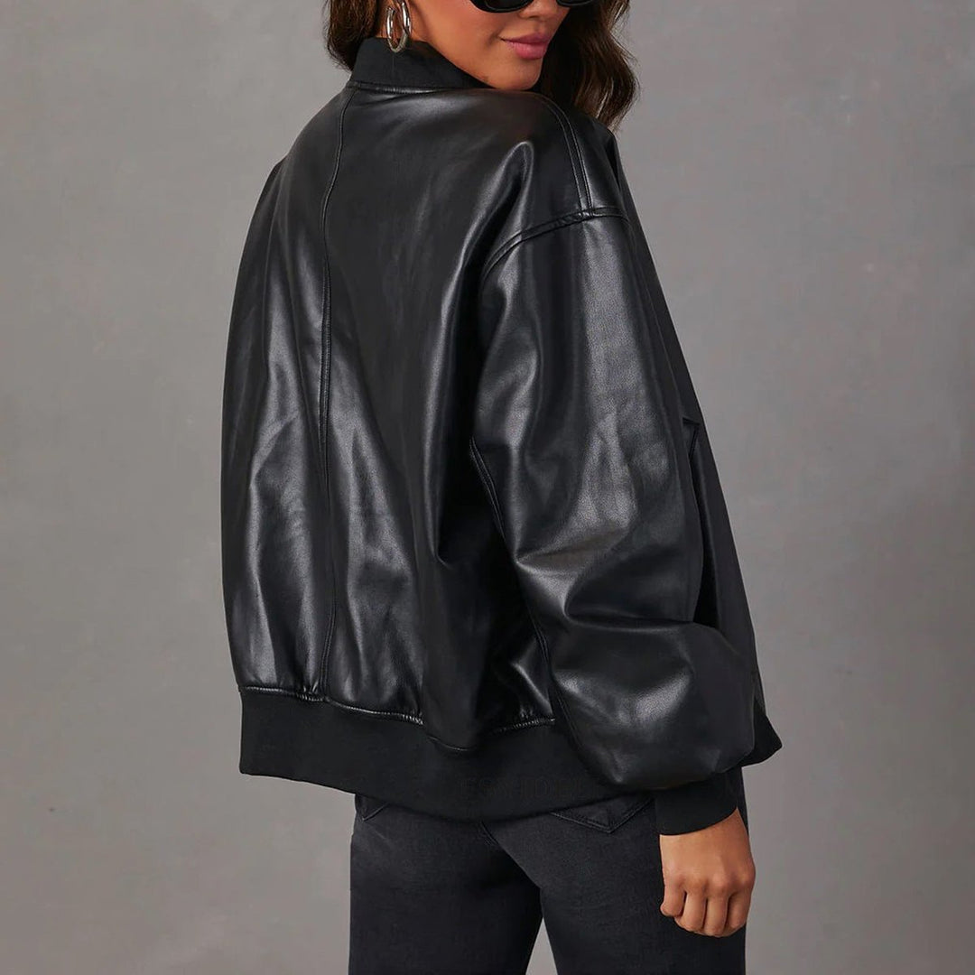 Women's Coat Relaxed Bomber Faux Leather Zip-Up Jacket