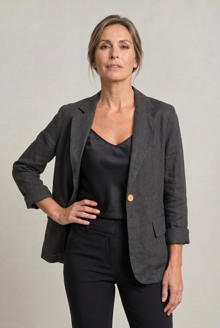 Women's Coat Style Lightweight Single-Button Relaxed Blazer - Black