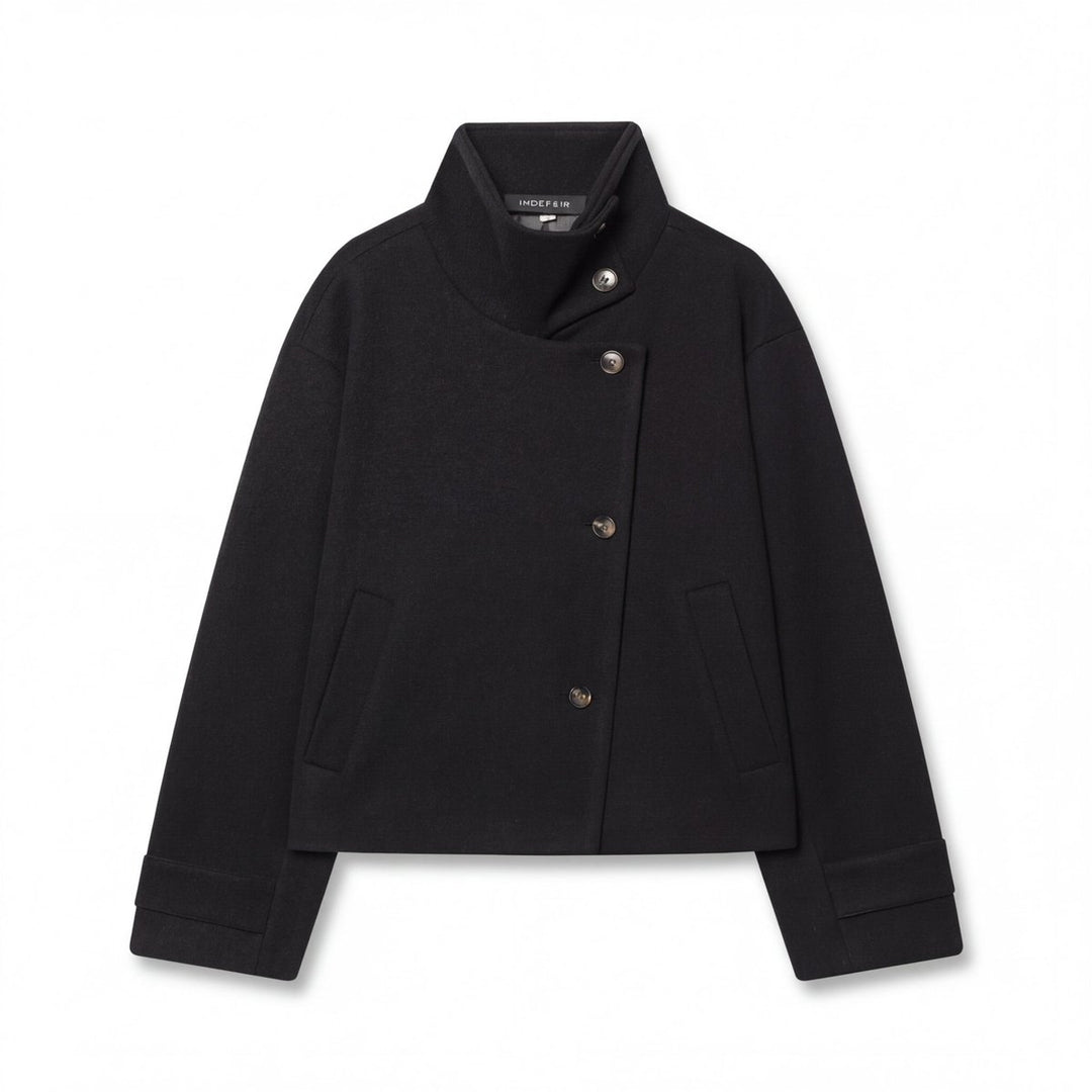 Womens Coat Wool Stand Collar Asymmetric Button Jacket - Black