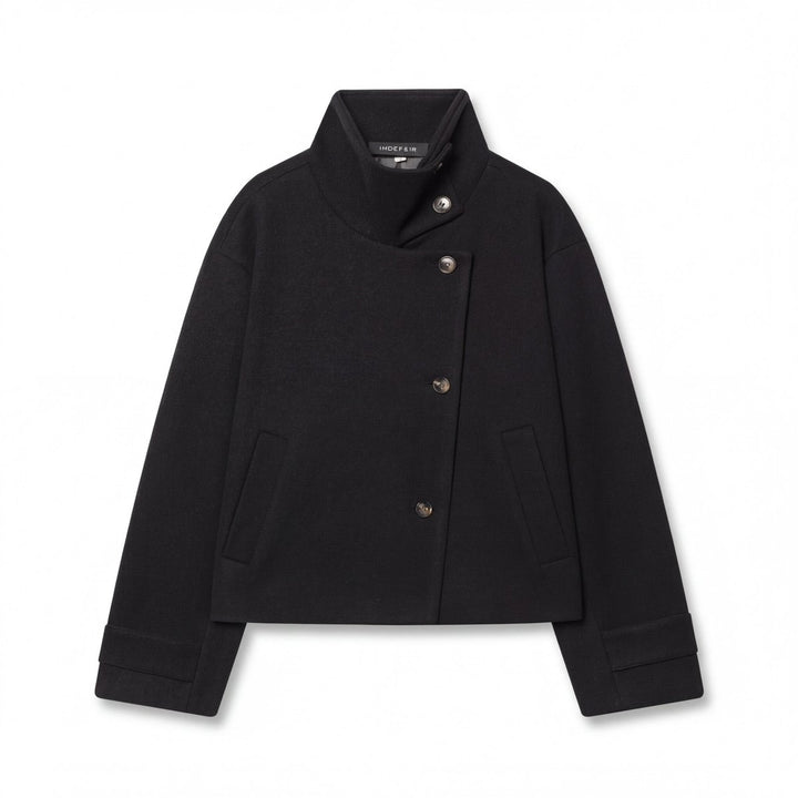 Womens Coat Wool Stand Collar Asymmetric Button Jacket - Black