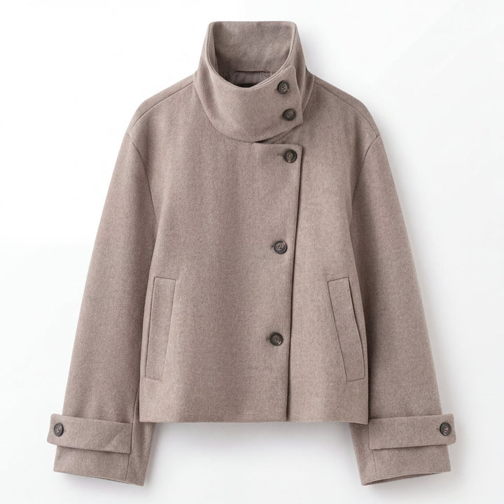 Womens Coat Wool Stand Collar Asymmetric Button Jacket - Grey