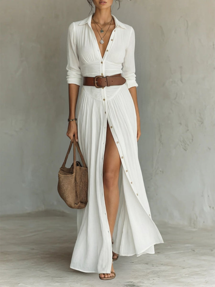 Women's Collared Button-Front Belted Maxi Shirt Dress - White