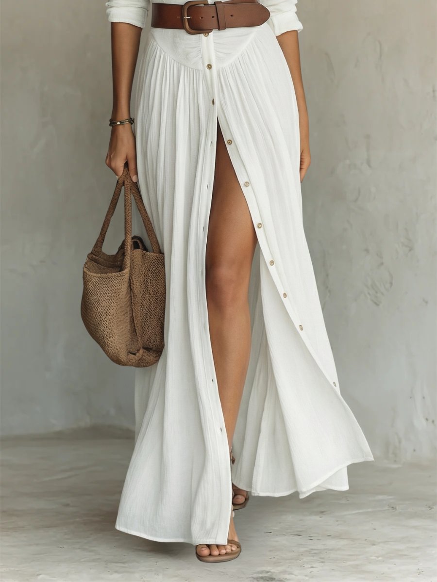 Women's Collared Button-Front Belted Maxi Shirt Dress