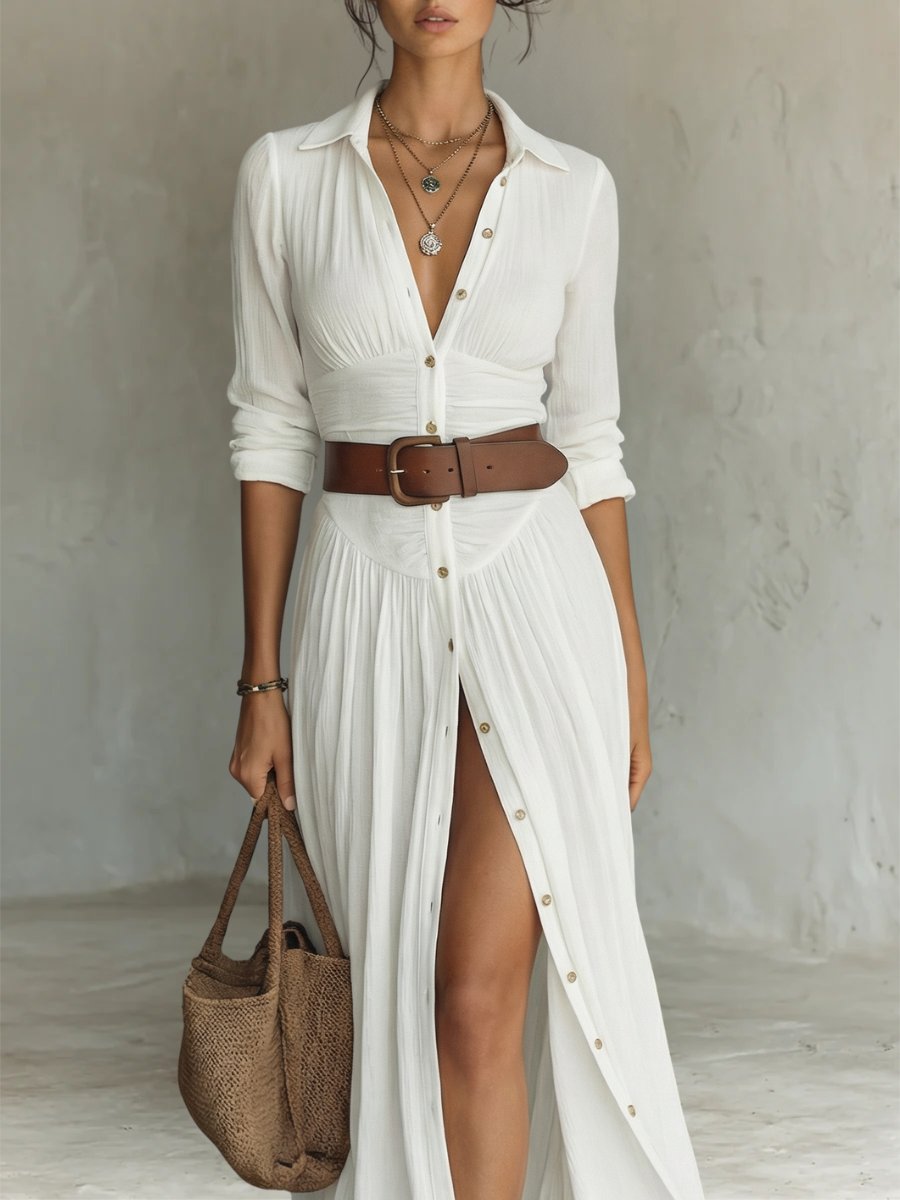 Women's Collared Button-Front Belted Maxi Shirt Dress