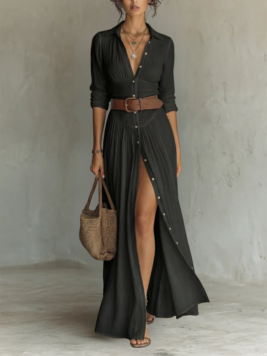 Women's Collared Button-Front Belted Maxi Shirt Dress - Black