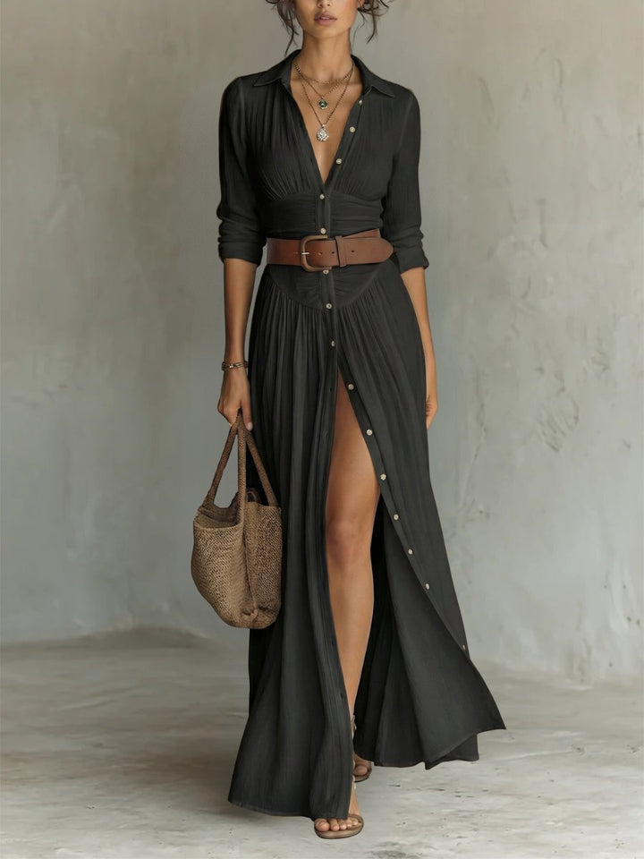 Women's Collared Button-Front Belted Maxi Shirt Dress - Black