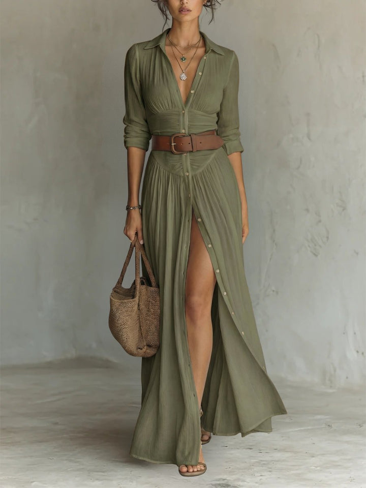 Women's Collared Button-Front Belted Maxi Shirt Dress - Green