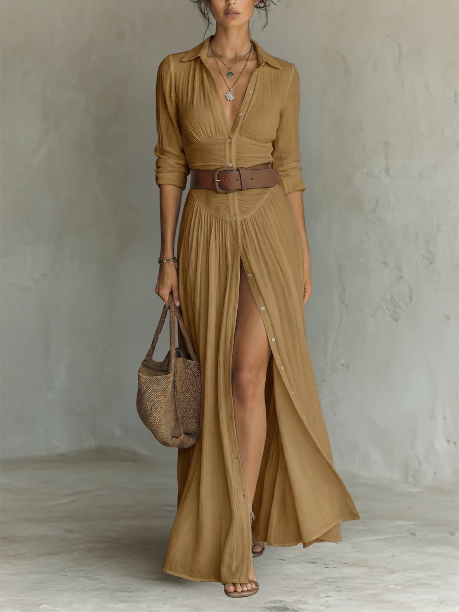 Women's Collared Button-Front Belted Maxi Shirt Dress - Brown