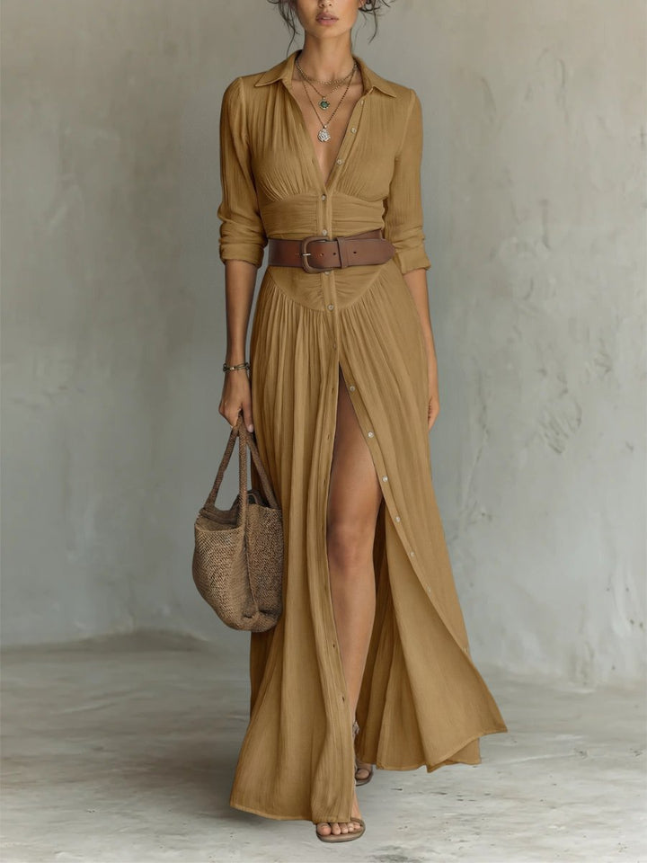 Women's Collared Button-Front Belted Maxi Shirt Dress - Brown