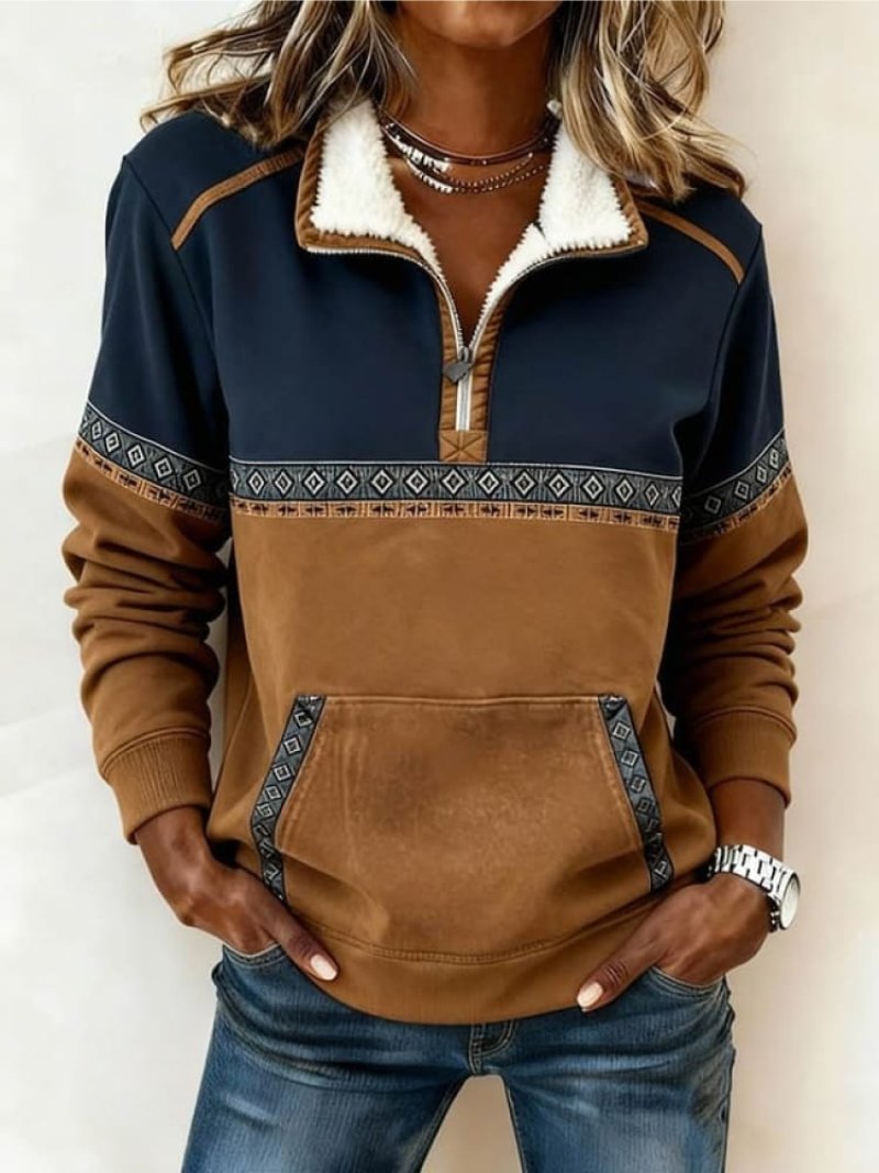 Women's Colour-Block Aztec Quarter-Zip Fleece Pullover Jumper - Multi-colored