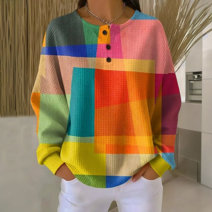 Women's Colourblock Waffle-Knit Button-Neck Pullover Sweater - Multicoloured