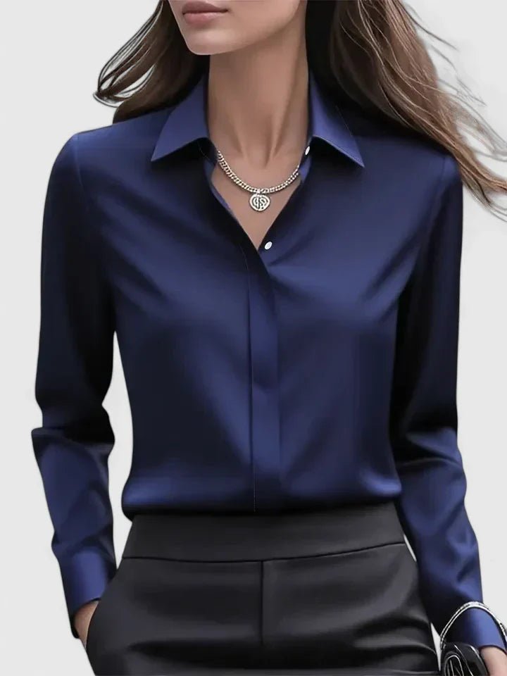 Women's Concealed Placket Satin Button-Down Shirt - Navy Blue