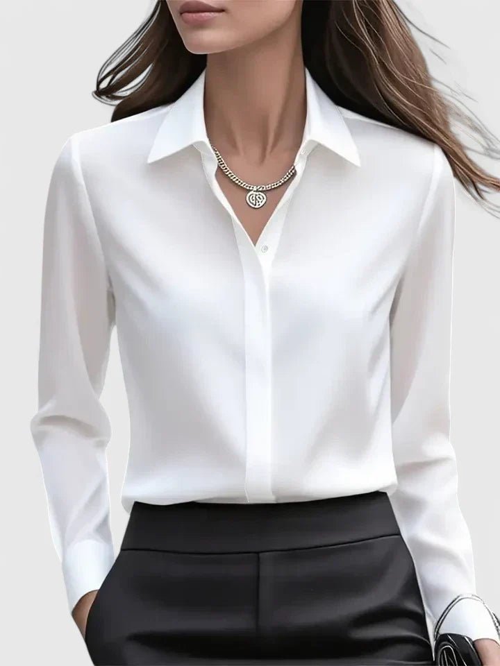 Women's Concealed Placket Satin Button-Down Shirt - White