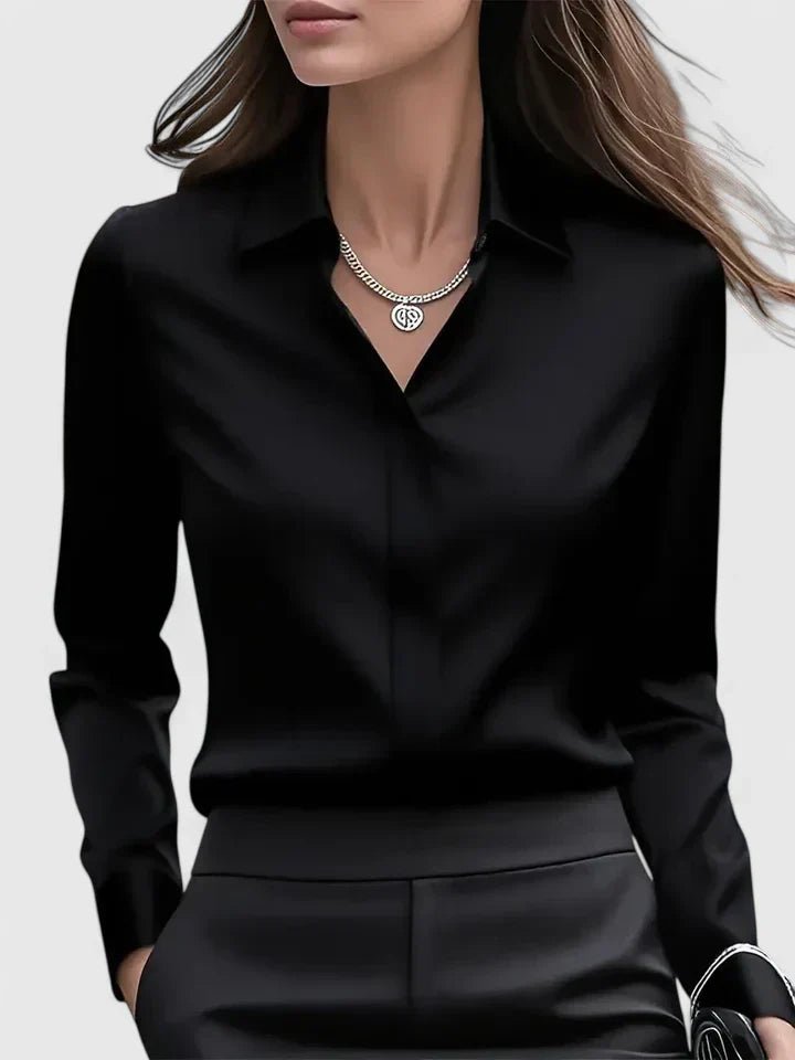 Women's Concealed Placket Satin Button-Down Shirt - Black