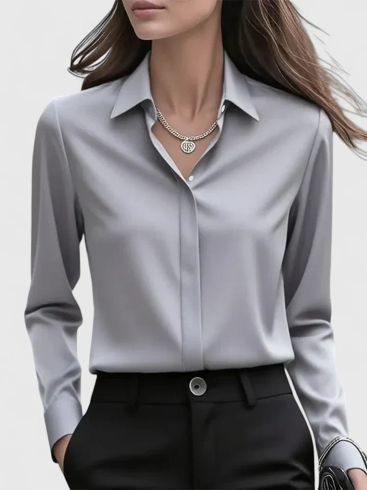 Women's Concealed Placket Satin Button-Down Shirt - Gray