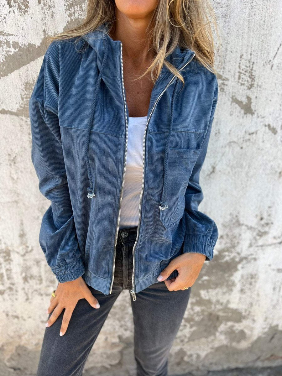 Women's Corduroy Hooded Zip-Up Jacket Oversized Casual - Blue