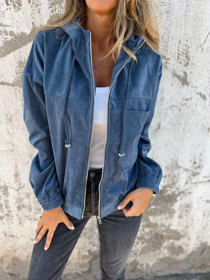 Women's Corduroy Hooded Zip-Up Jacket Oversized Casual - Blue