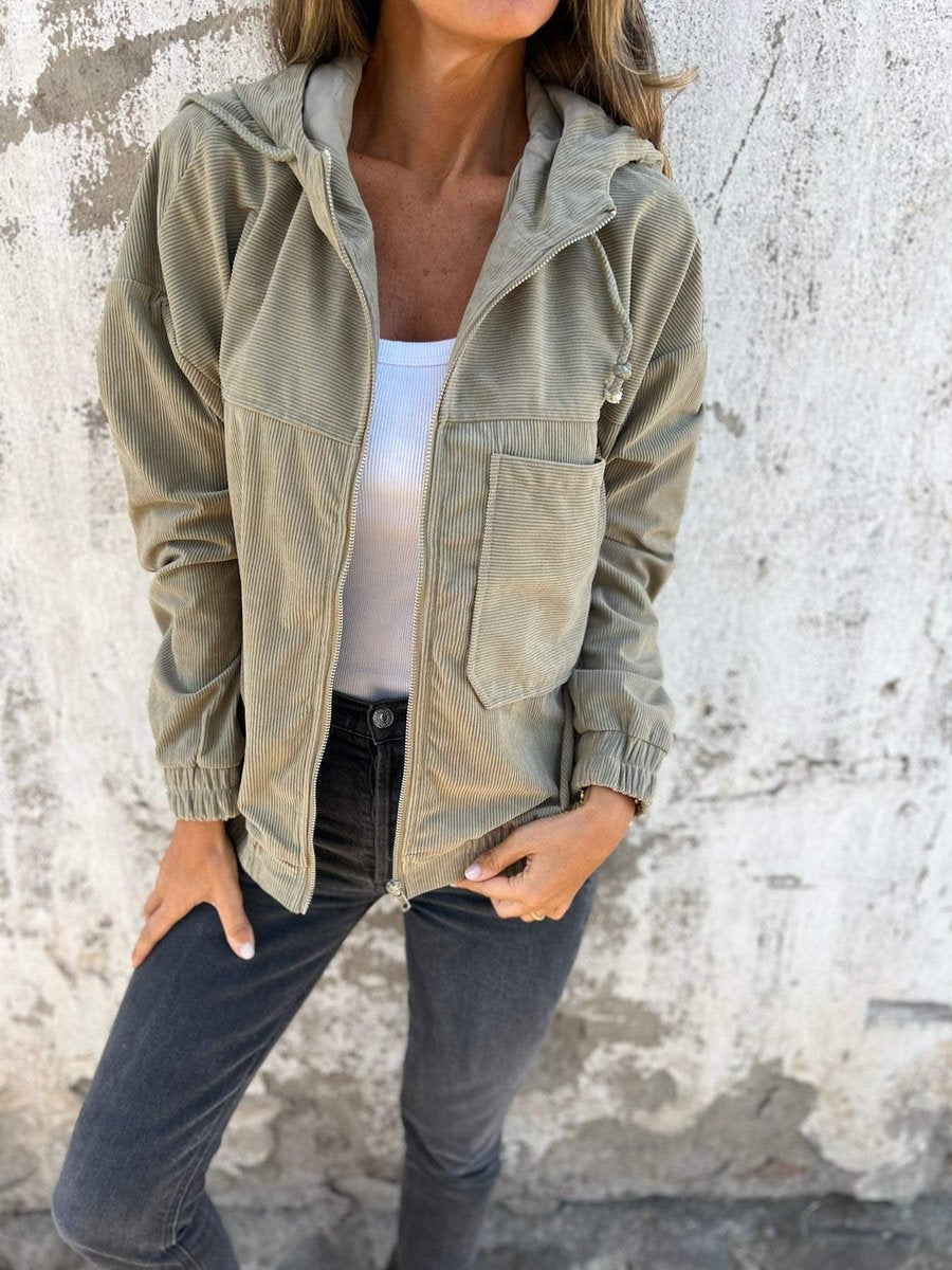 Women's Corduroy Hooded Zip-Up Jacket Oversized Casual - Green