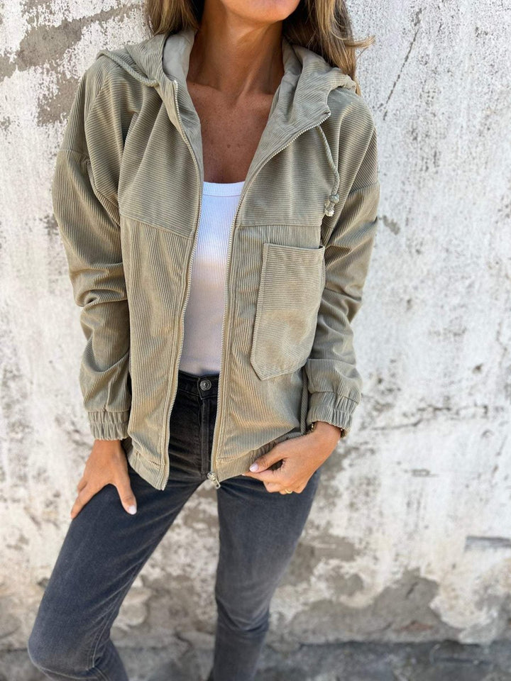 Women's Corduroy Hooded Zip-Up Jacket Oversized Casual - Green