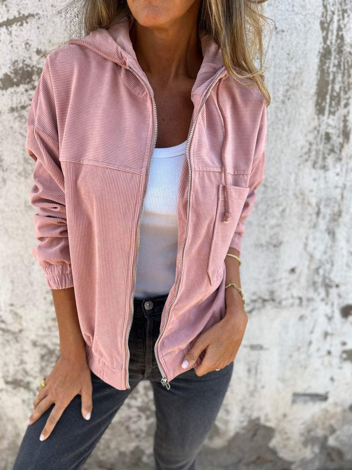 Women's Corduroy Hooded Zip-Up Jacket Oversized Casual - Pink