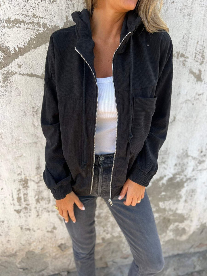 Women's Corduroy Hooded Zip-Up Jacket Oversized Casual - Black