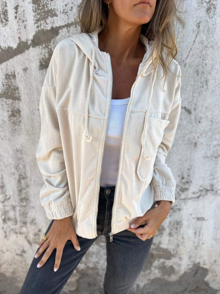 Women's Corduroy Hooded Zip-Up Jacket Oversized Casual - White